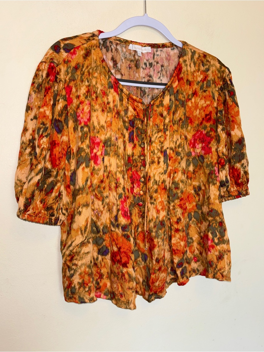 Olivaceous Boho Abstract Floral Top Sz S Button Tie Peasant Pleated Puff Sleeves